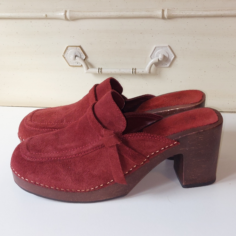 VTG Brazil Suede leather stacked heel platform clogs shoes slip American Eagle - Picture 1 of 6